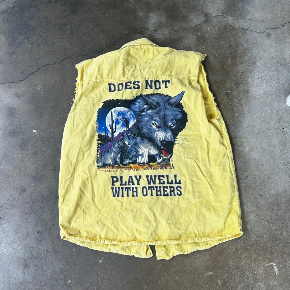 Biker Design Sleeveless Shirt Mens M Yellow Good Wolf Graphic Denim Vest
